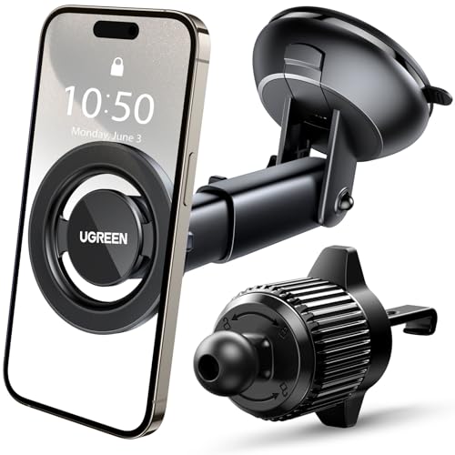 UGREEN Support Téléphone Voiture Magnétique 2 en 1 Porte Smartphone Auto Crochet Ventouse Compatible avec MagSafe Anneau Aimant iPhone 16 Plus Pro Max 15 14...