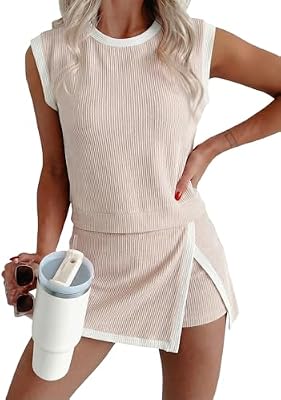 EVALESS Women Summer Workout Outfit 2-Piece Set – Light Khaki, Small