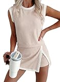EVALESS 2 Piece Sets for Women Summer Matching Athletic Lounge Outfits Ribbed Knit Tank Top and Elastic Waist Split Lined Skirt 2026 Spring Trendy Womens Cozy Going Out Clothes Khaki Large