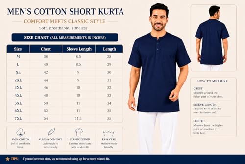 Image of Men's Cotton Halfsleeve Short Kurta for Summer