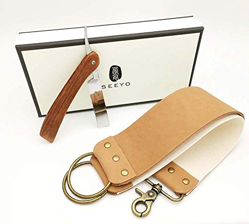 Handmade Straight Edge Razor - Stainless Steel Mirror Blade - Natural Rosewood Handle - Sharp Vintage Barber Razor with Leather Strop Strap