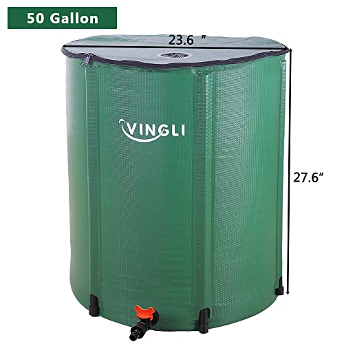 VINGLI 50 Gallon Collapsible Rain Barrel, Portable Water Storage Tank, Rainwater Collection System Downspout, Water Catcher Container with Filter Spigot Overflow Kit