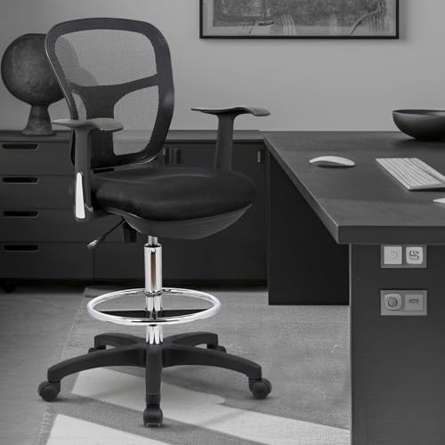 Image of OfficeFactor Drafting Chair Tall Office Chair with Arms Executive Ergonomic Standing Desk Chair with Anti Scratch Wheels and Footrest
