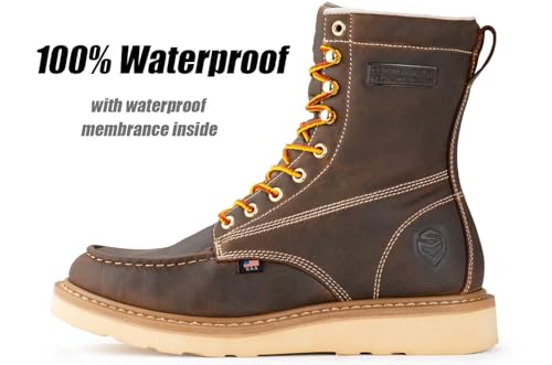 Image of SUREWAY 8in Waterproof Wedge Moc Toe Work Boots for Men Steel Toe,Premium Full Grain Leather,Safety Work Boots /Shoes,Comfort Insole,Oil /Slip Resistant,Industrial Construction Boots BN