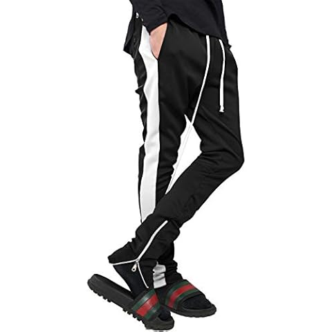 Mens Stripe Track Pants Skinny Fit Stretch Trouser Elastic Jogger 1VWA0006 (Small, p122_Blk/WHI) Cover