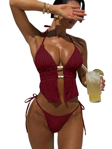Image of RoseSeek Women's 2 Piece Boho Polka Dots Beaded Bikini Sets Sexy Swimsuits