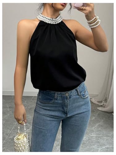 Women's Summer Halter Tops Beaded Sleeveless Blouses Casual Dressy Elegant Work Blouse Shirts2