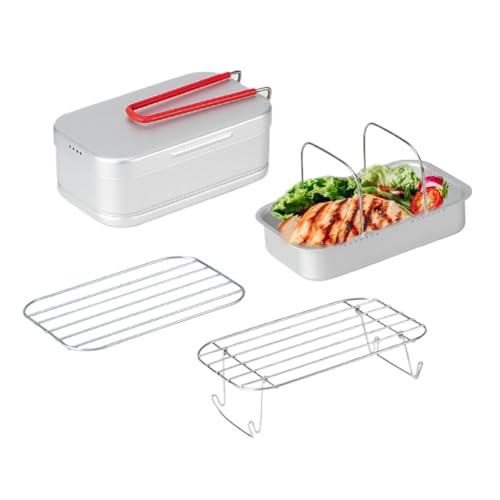 De Metal Para Almuerzo, Lonchera Con Asa | Multifuncional Para Cocina De Picnic De Aluminio | Con Un Recipiente Para El Almuerzo Con Asa Plegable, Juego De Rejilla Para Cocinar Al