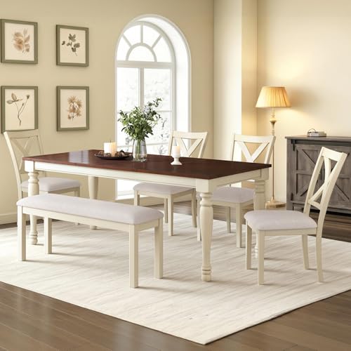LUXOAK 6-Piece Solid Wood Dining Table Set, 71' Farmhouse Kitchen Table with 4 Upholstered Chairs and Bench, Large Dining Room & Kitchen Furniture Set, Cream White