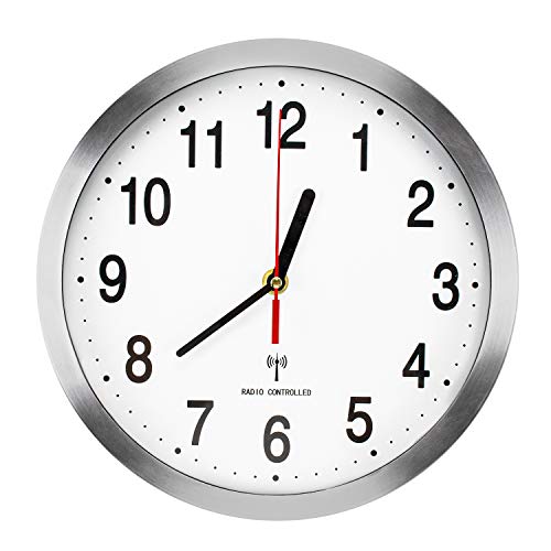Lawei Horloge murale radio-pilotée en aluminium Silencieuse Pendule Murales pour Salon Cuisine Bureau Chambre - Aluminium, 25 cm