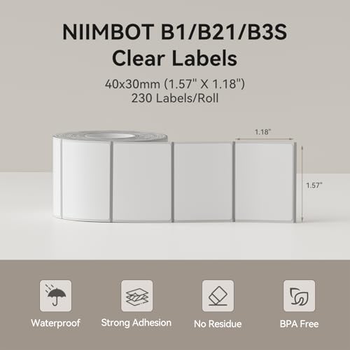 NIIMBOT B21 Etikettendrucker, transparentes Klebeband, 40 x 30mm, Aufkleber, Etiketten, Druckpapier, Versandadresse, Beschriftungsband, wasserfest, ölbeständig, reißfest (Transparent)