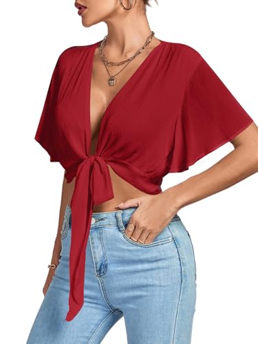Image of LYANER Women's Sexy Deep V Neck Tie Front Wrap Cropped Blouse Bell Short Sleeve Ruffle Crop Tops