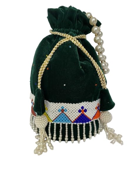 Green Velvet PotliBag with Pearl Beadwork, Multicolour handwork, Drawstring Closure, Ethnic Wristlet Purse-picture-50