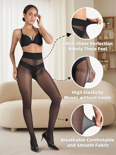 SUREPOCH Sheer Nylon Tights for Women 20D T Crotch Pantyhose Control Top High Waist Black Stockings Reinforced Toe3