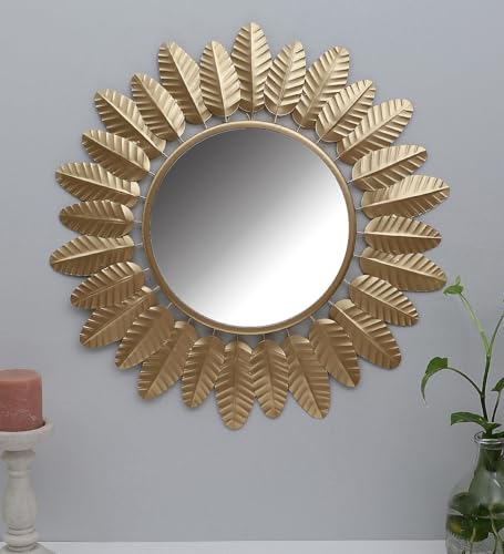 Image of Artemade Iron Iron Framed Decorative Wall Mounted Round Hanging Mirror Vintage Flower Leaf Design Modern Art Mirror for Living Room, Home Decor (Golden Blue)