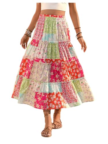 Women's Floral Color Block Ruffle Layered Skirts Boho Vacation Summer Midi Skirt
