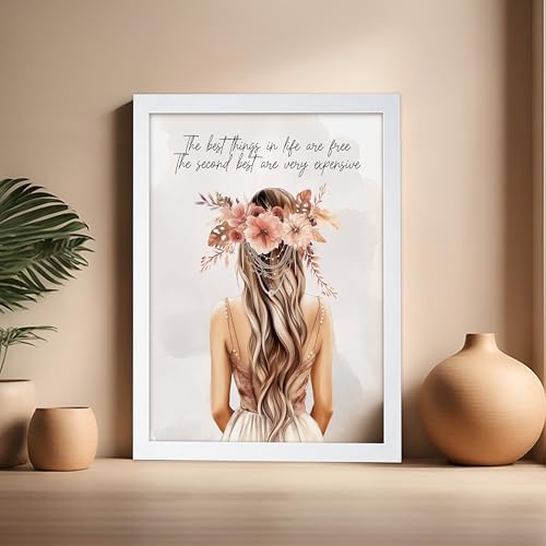 Image of Poster Master The Best Thing In Life Are Free Poster - Fashion Print - Trendy Art - Flower Art - Gift for Women & Fashionista - Funny Glamour Decor for Bedroom or Girl's Room, 16x20 White Framed