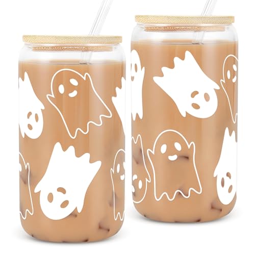 UAREHIBY 2Pcs Halloween Ghost Glass Cups, 18oz Ghost Decor Tumbler Can Glass Cups W/Lids Straws, Spooky Cups for Iced Coffee, Glassware Cookie Jar Decor Gift, Halloween Gifts for Women Teen Kid Adult