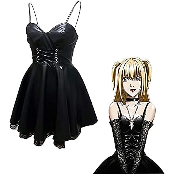 Jaycheen Amane Misa Anime Death Note Amane Cosplay jurk volledige set voor vrouwen, anime-cosplay kostuum, zwarte jurk, kunstleer, sexy tube, tops, maskeradejurken
