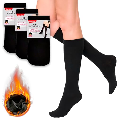 DIVABONNA 3 Paires Mi-Bas Au Genou - Chaussettes Hautes En Microfibre 480 DEN - Chaussettes Thermiques Chaudes
