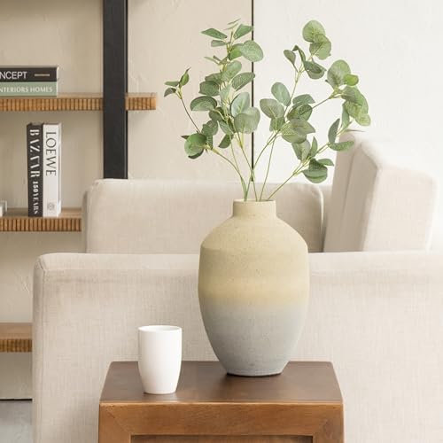 Metal Vase, Stone Finish, Premium Aesthetic Look, Large 12 Inch Height, Ombre Stone Coating, Rough Raw Finish, Ideal Home Decor Items, Perfect for Living Room Home Decor (Beige)