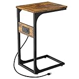 SUPERJARE C Shaped End Table with Charging Station, Bed Side Table with USB Port & Outlet, Rustic Brown
