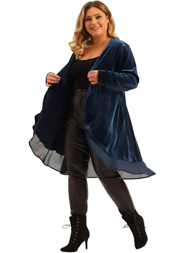 Image of Agnes Orinda Women Plus Size Ruffled Asymmetric Long Velvet Cardigan Jacket