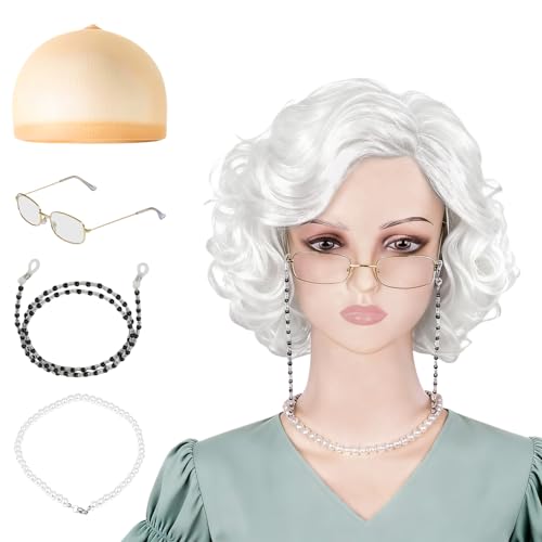 AQOYNQ Old Lady Wig for Women 5Pcs Gray Wigs for Women Grandma Wig Costume Breathable and Comfortable with Glasses Pearl Necklace & Accessories