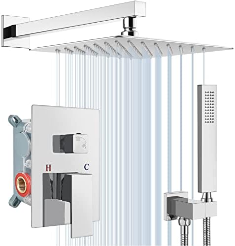 Midanya Polish Chrome Shower Faucet Set Wall Mount 10 Inch Square Rainfall Shower Head Rain Shower System with Hand Sprayer Rough-In Valve Body and Trim Included