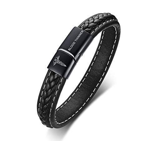 MEALGUET Blood THINNER Leather Medical ID Bracelets for Men Personalized Diabetic Allergy Medic