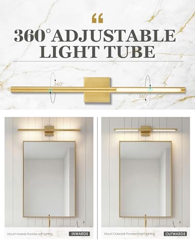 Image of 30 Inch Bathroom Light Fixtures, 16W 3CCT Dimmable CRI90 Brushed Gold LED Vanity Lighting Fixtures Over Mirror, 360 Rotatable Modern Bathroom Vanity Light Bar, AD-W9465-L75-GD
