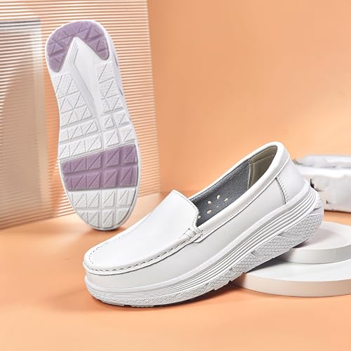 Image of Women's Platform Orthopedic Nurse Working Shoes,Comfortable Breathable Slip On Anti-Slip Nursing Restaurant Work Leather Walking Loafers