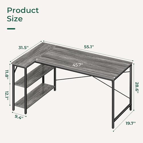 Huuger L Shaped Desk, 55 Inches Computer Desk with Reversible Storage Shelves, for Gaming Corner Home Office Writing Study, Metal Frame, Gray
