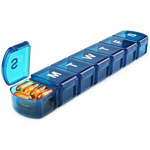 Extra Large Weekly Pill Box Organizer 7 Day MOLN HYMY 1 Week Jumbo Pill Dispenser Case One Time a Day Daily Medicine Container to Hold Medication Vitamins Fish Oils and Supplement (Blue