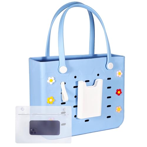 Rubber Beach Bag with Silicone Phone Holder Accessories for Women, Waterproof Sandproof Travel Tote Bag