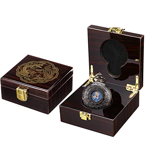 Image of ManChDa Mechanical Roman Numerals Dial Skeleton Pocket Watches with Luxury Wooden Box and Chains for Mens Women