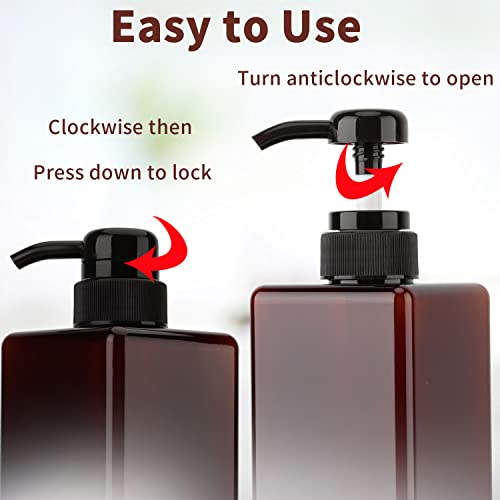 Jansburg 450ml Pump Bottle Dispenser 2Pack Refillable Square Plastic Lotion Dispenser Empty Lotion Pump Bottle for Essential Oil Soap Lotion Shampoo Bathroom/Kitchen/Travel Amber - Image 3