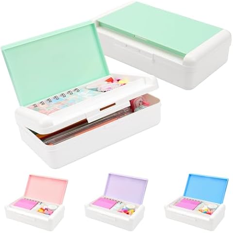 Pencil Box for Office Supplies Storage Organizer Box,Double Layer Large Capacity Pencil Boxes,Plastic Crayon Box with Snap-tight Lid,Stackable Storage Box for Gel Pens Pencil Case Organizer-Pale Green Cover