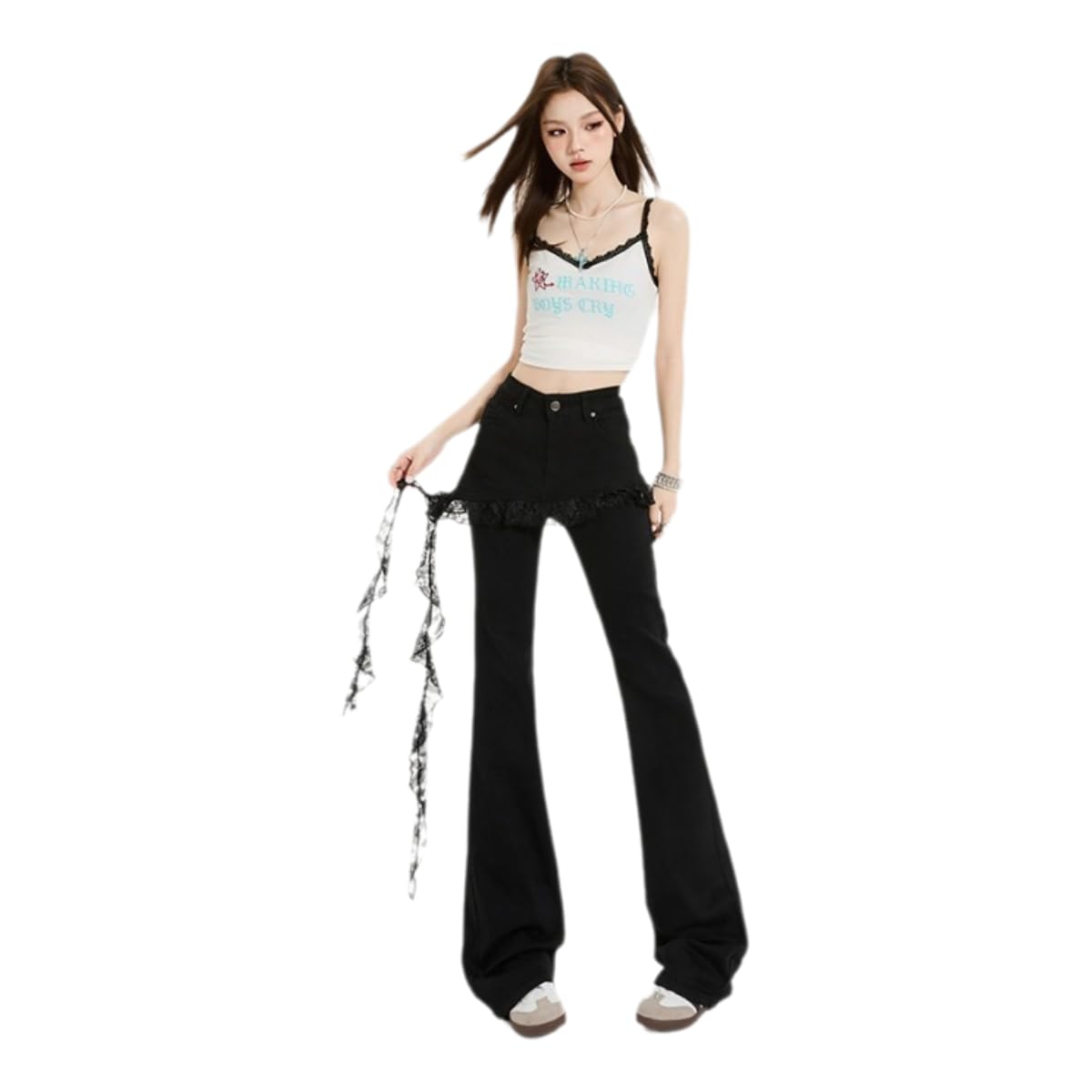 Jean noir taille haute pour femme avec dentelle élégante en denim long