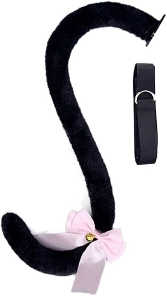 Plush Cat Tail with Detachable Waist Strap & Bell Bow - Furry Animal Tail for Halloween Cosplay Costume Accessories