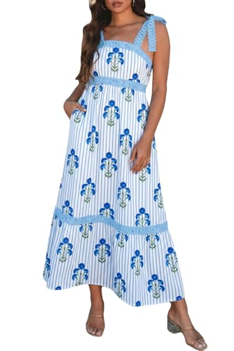 Image of Womens Maxi Dress Spring Summer Sleeveless Lace Strap Empire Waist A Line Side Pockets Beach Casual Long Dresses