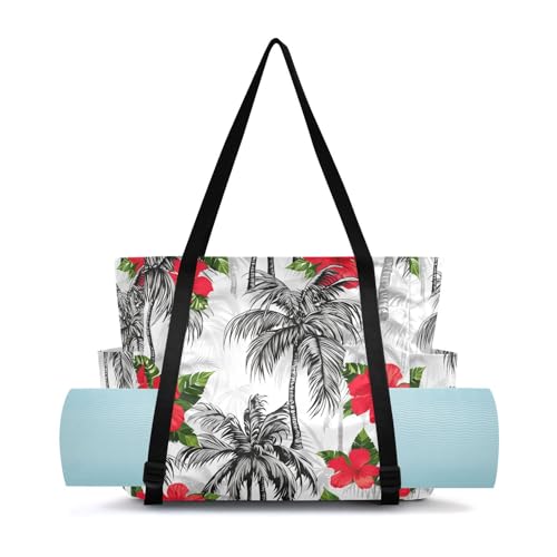 Lxqimora Palm Trees Hibiscus Tropical Yoga Mat Bag for Women Water-Resistant Gym Bag with Yoga Mat Holder Tote Bag for Pilates Gym Yoga Travel