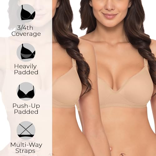 Image of Komli - Heavily Padded Push-Up Bra - Cotton Rich - Balconette - 3 /4th Coverage, Seamless, Wireless, Multiway Straps - T-Shirt Bra (Pack of 2)