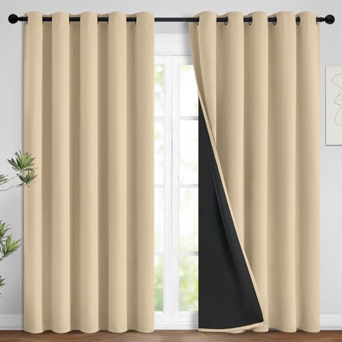 Image of Yakamok Beige 100% Blackout Curtains 96 Inches Long for Bedroom 62 inch Wide | Blackout Curtain Panels for Bedroom, 2 Thick Layers Grommet Top Thermal Insulated Drapes with Black Liner for Living Room