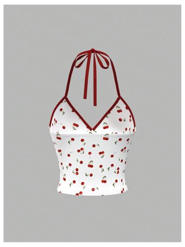 Women's Cherry Print Halter Camisole Tops Backless Slim Fit Crop Tops Coquette Streetwear Going Out Cami Tops2