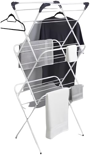 Optimal Products 3-Tier 14M Folding Clothes Airer for Laundry Indoor and Outdoor - Non-Slip Feet & Corner Spaces for Hangers - Home Storage Foldable Drying Rack Lightweight and Space Efficient Washing Line
