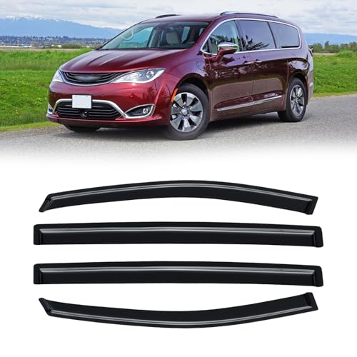 Image of Rain Guards for 2017-2026 Chrysler Pacifica, Out-Channel Window Visor Shields Vent Deflector Shade Wind Dark Smoke 2018 2019 2020 2021 2022 2023 2024 18 19 20 21 22 23 24, Tape-On Outside-Mount, 4PCS