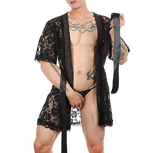 Ctreela Sissy Kimono Robes For Men, Sexy Floral Lace Bathrobe, Male See Through Nightgown, 3Pc Crossdressing Lingerie Black #TOP3