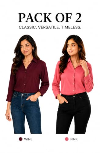 Image of FUNDAY FASHION Women Solid Regular Fit V Collered Casual Shirt (Pack of 2)