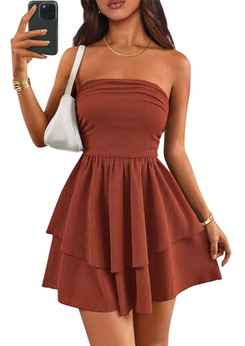 PRETTYGARDEN Women's 2025 Summer Strapless Tube Mini Dress Off Shoulder Smocked Ruffle A Line Flowy Short Party Club Dresses (Brick Red,Small)